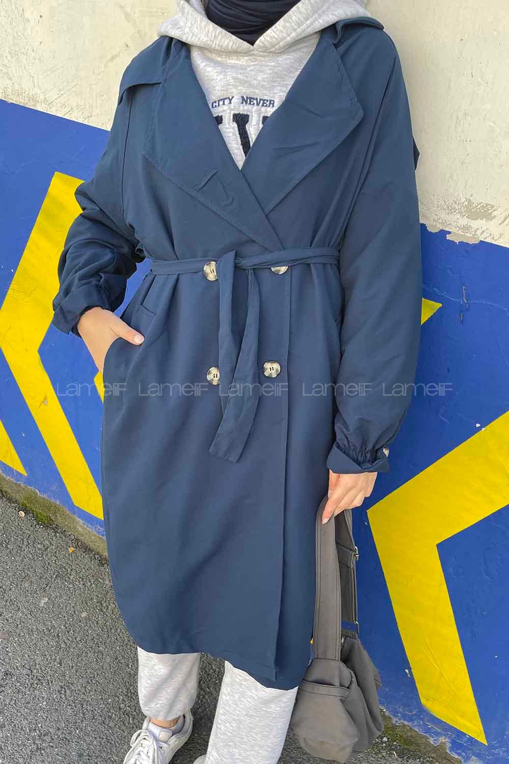 Lamelif Rüzgarlık Detaylı Omuz Apoletli Trençkot Lacivert
