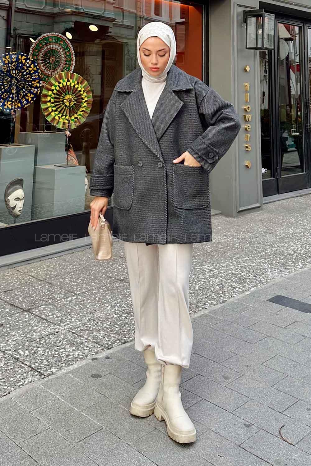 Anthracite V Neck Long Arm Poplin Fabric Elastan Coat