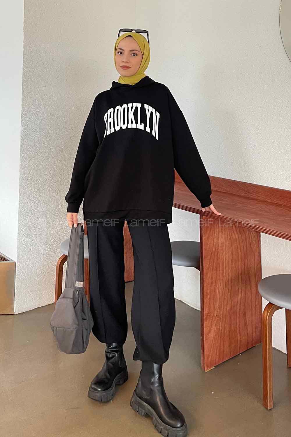 Black Hood Neck Long Arm Printed Sweatshirt