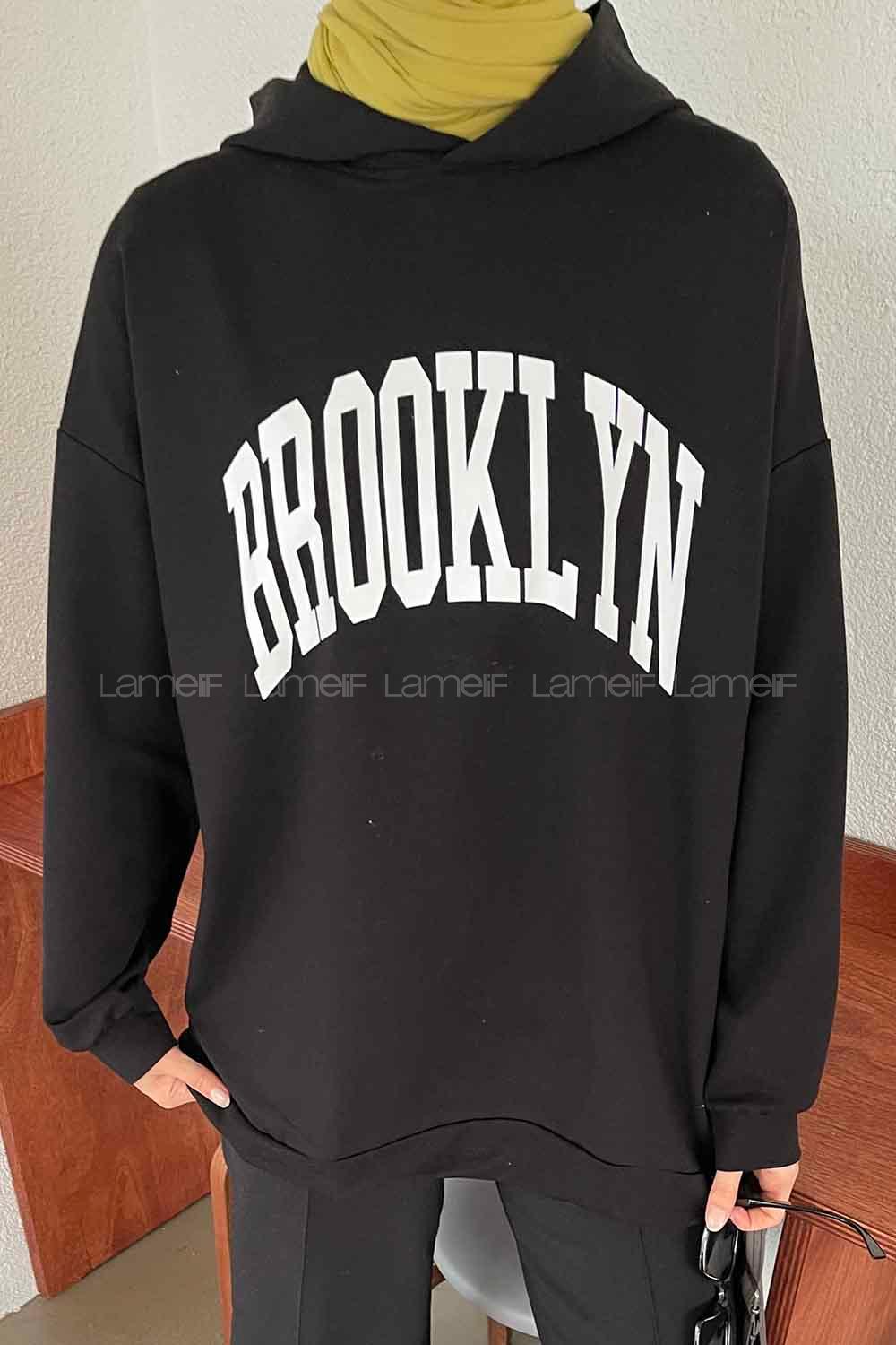 Black Hood Neck Long Arm Printed Sweatshirt