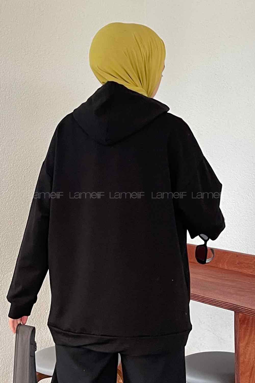 Black Hood Neck Long Arm Printed Sweatshirt