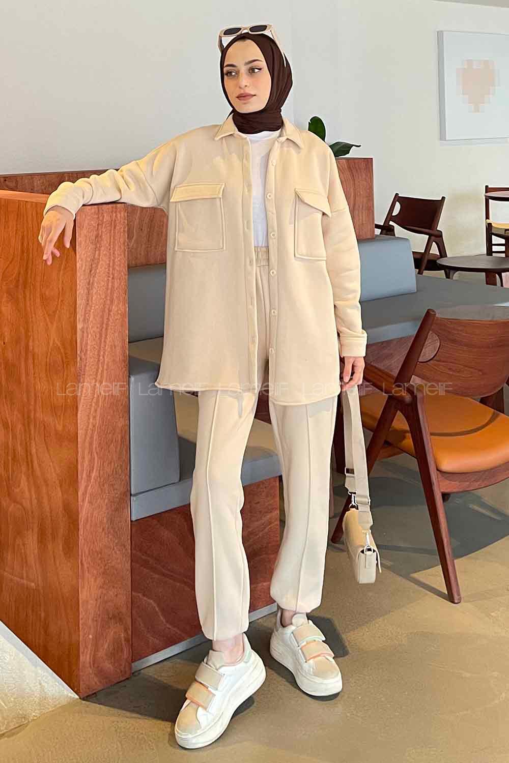 Cream Shirt Collar Long Arm Wool Cotton Fabric Elastic Trousers Comfortable Suit