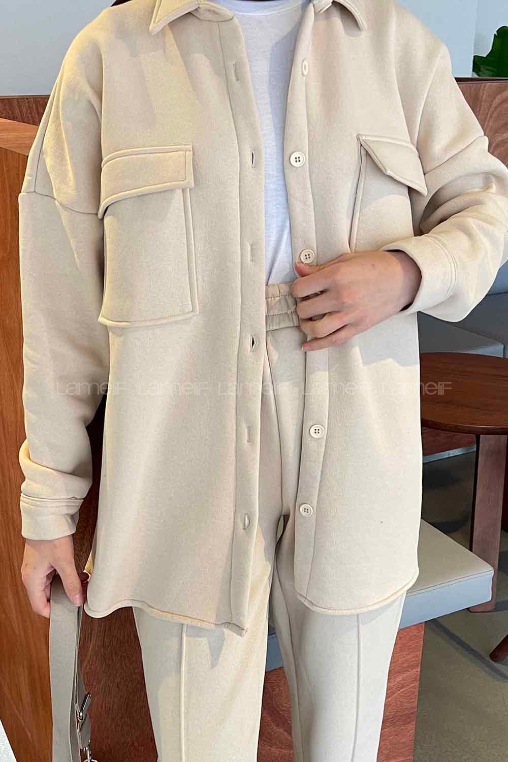 Cream Shirt Collar Long Arm Wool Cotton Fabric Elastic Trousers Comfortable Suit