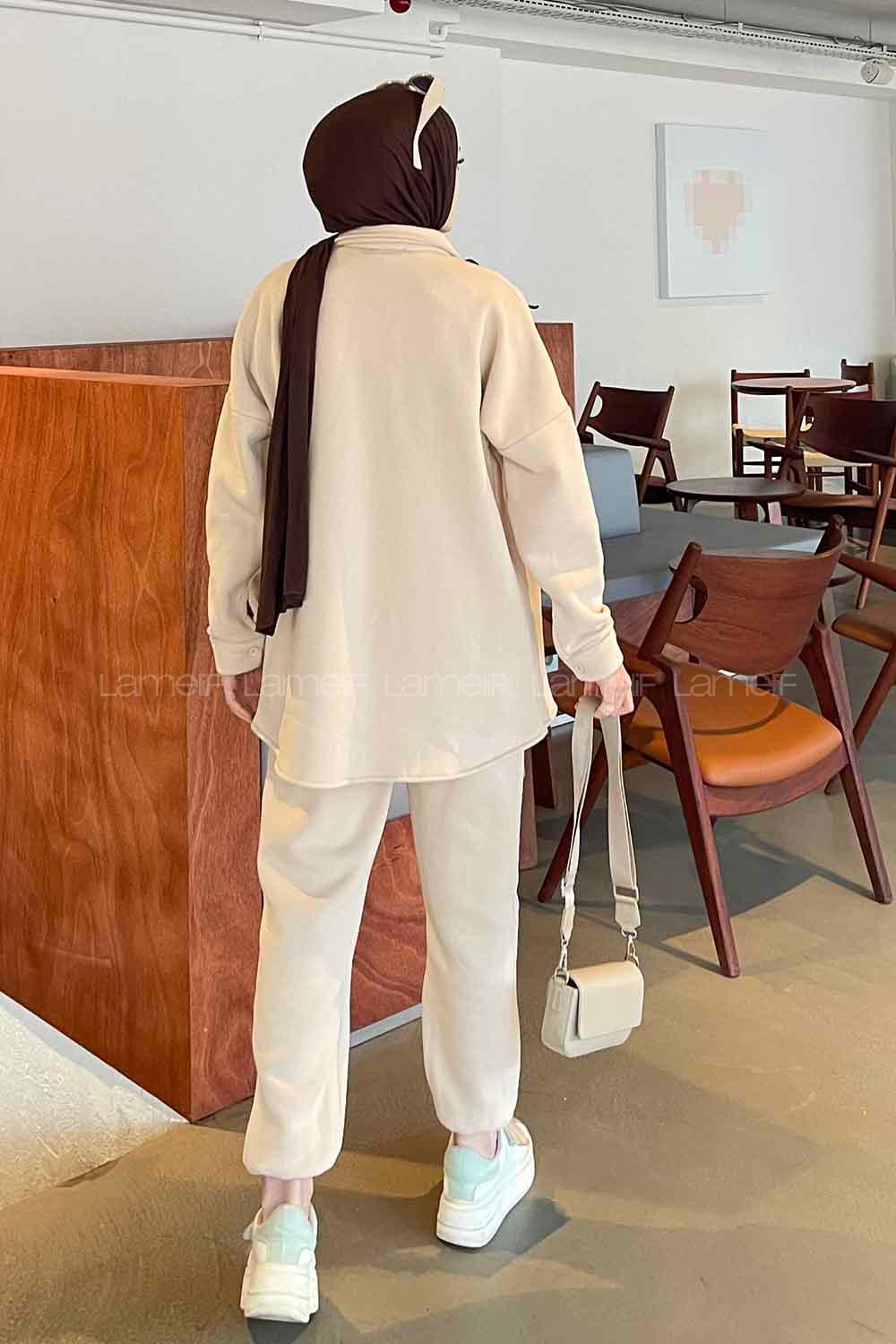 Cream Shirt Collar Long Arm Wool Cotton Fabric Elastic Trousers Comfortable Suit