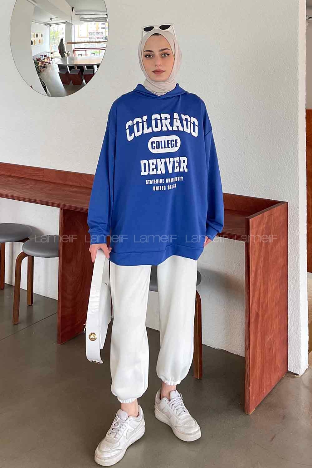 Lamelif Colorado Baskı Detaylı Kapüşonlu Sweatshirt Saks Mavisi
