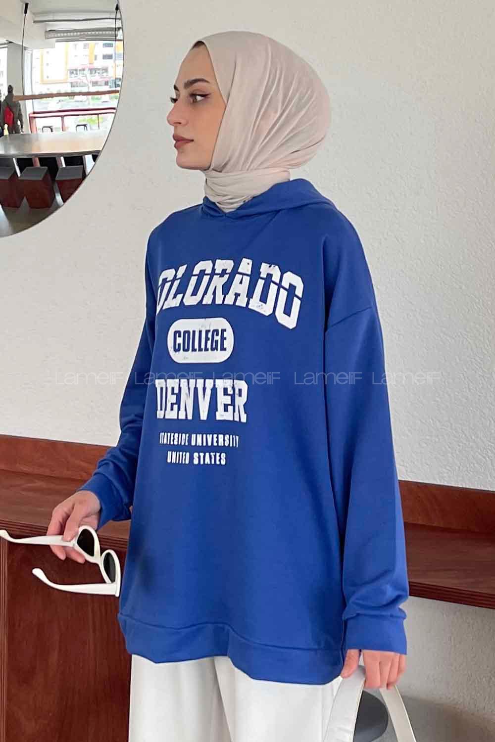 Lamelif Colorado Baskı Detaylı Kapüşonlu Sweatshirt Saks Mavisi