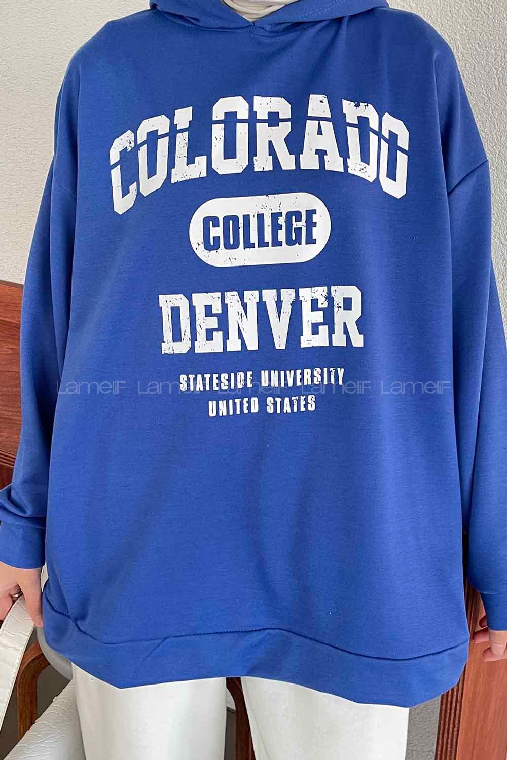 Lamelif Colorado Baskı Detaylı Kapüşonlu Sweatshirt Saks Mavisi