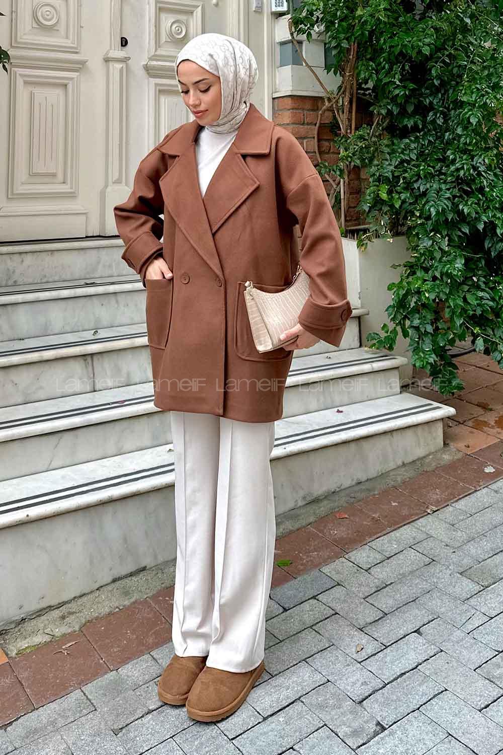 Brown V Neck Long Arm Poplin Fabric Elastan Coat