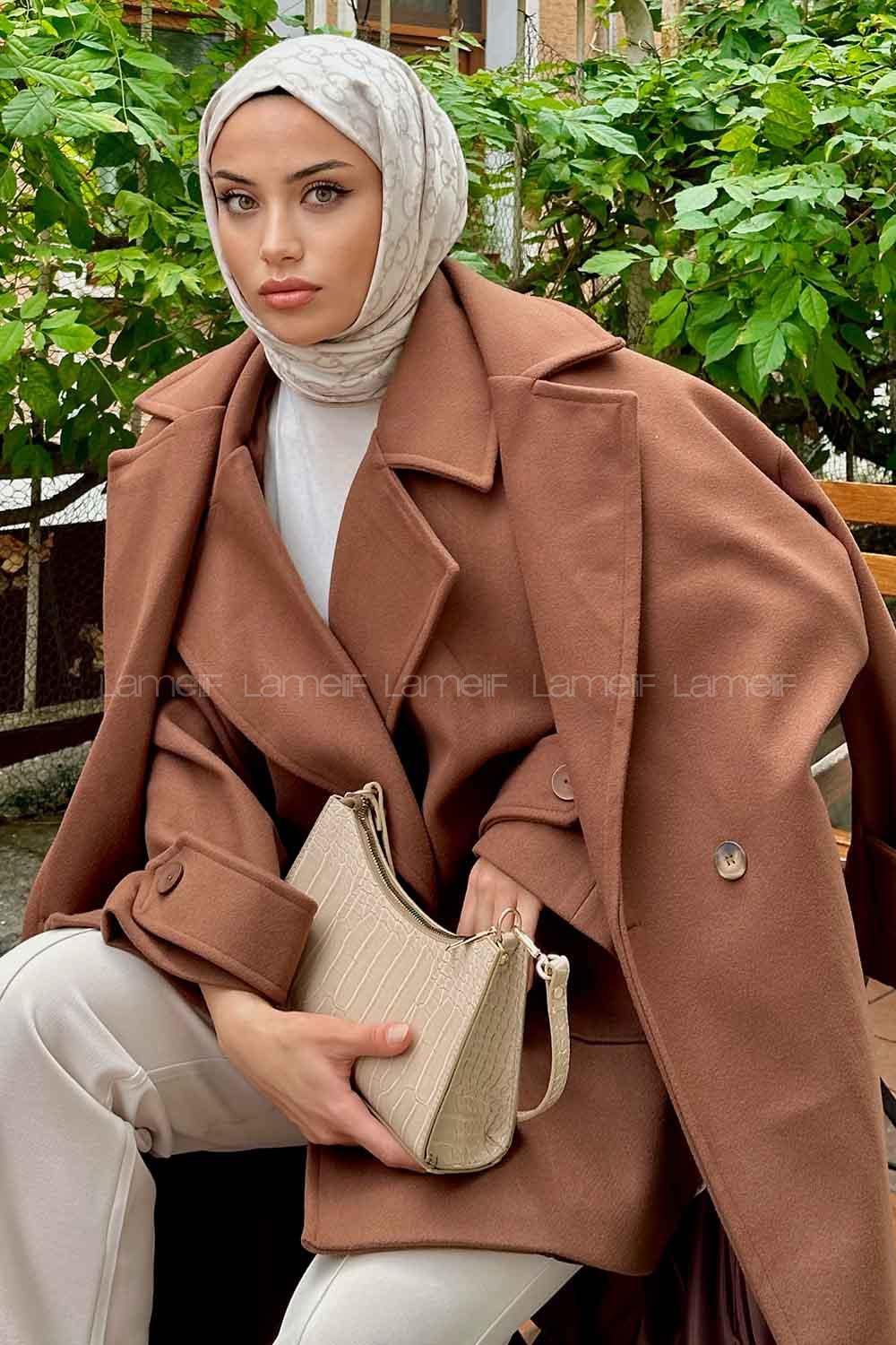 Brown V Neck Long Arm Poplin Fabric Elastan Coat