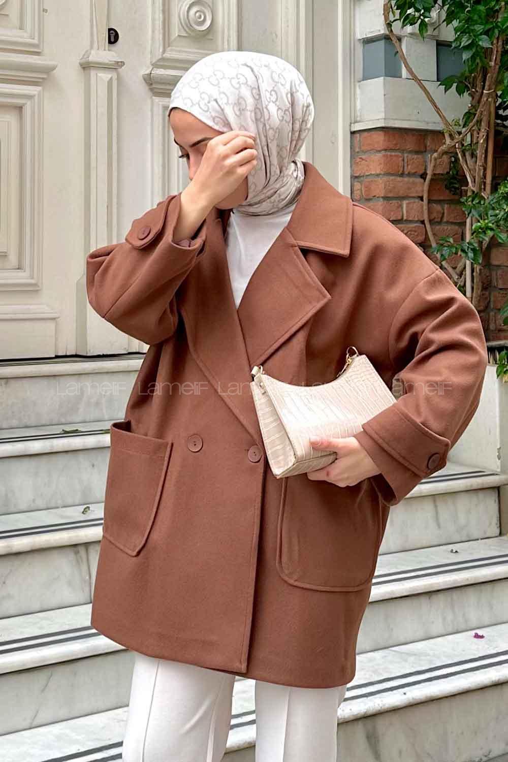 Brown V Neck Long Arm Poplin Fabric Elastan Coat