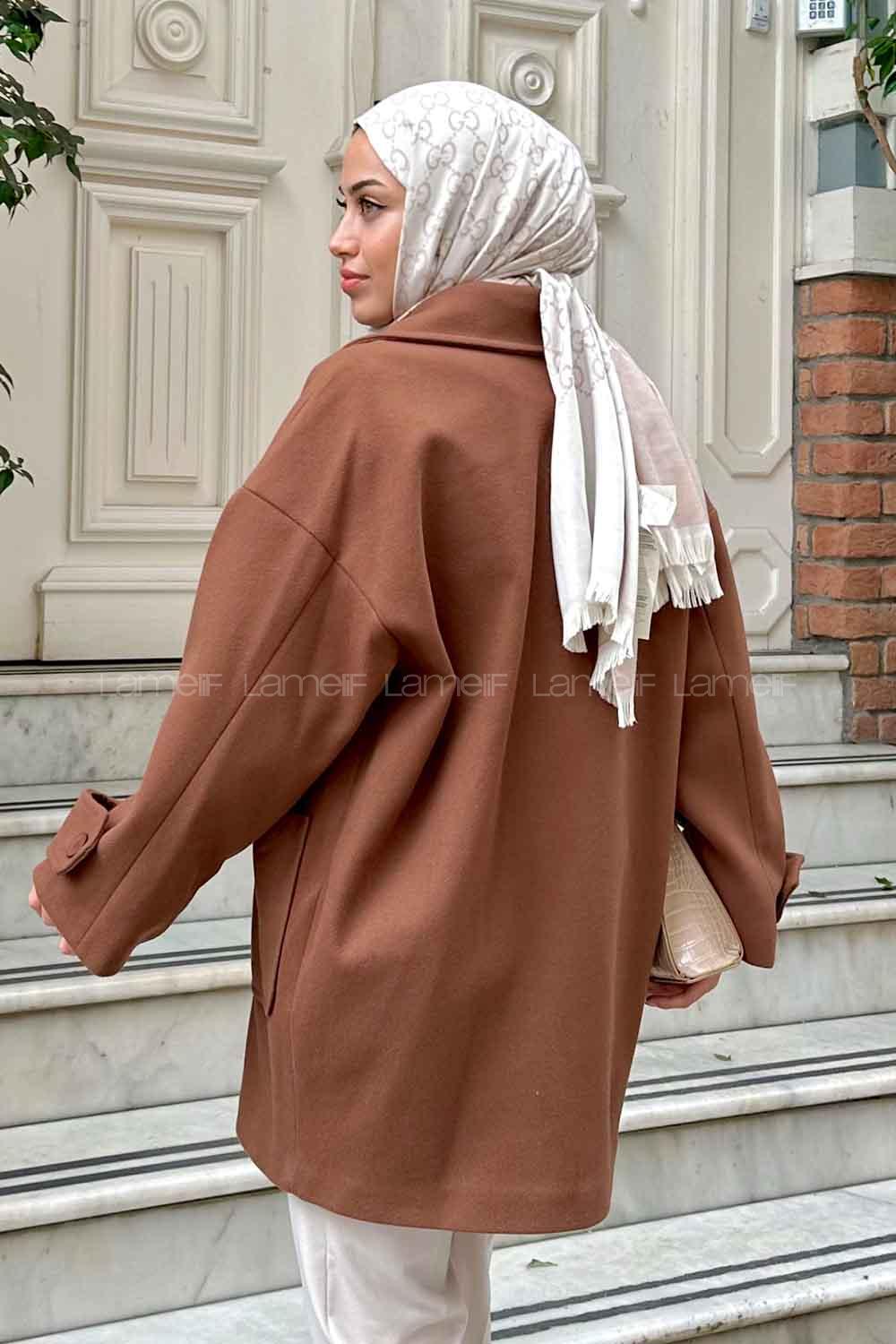 Brown V Neck Long Arm Poplin Fabric Elastan Coat