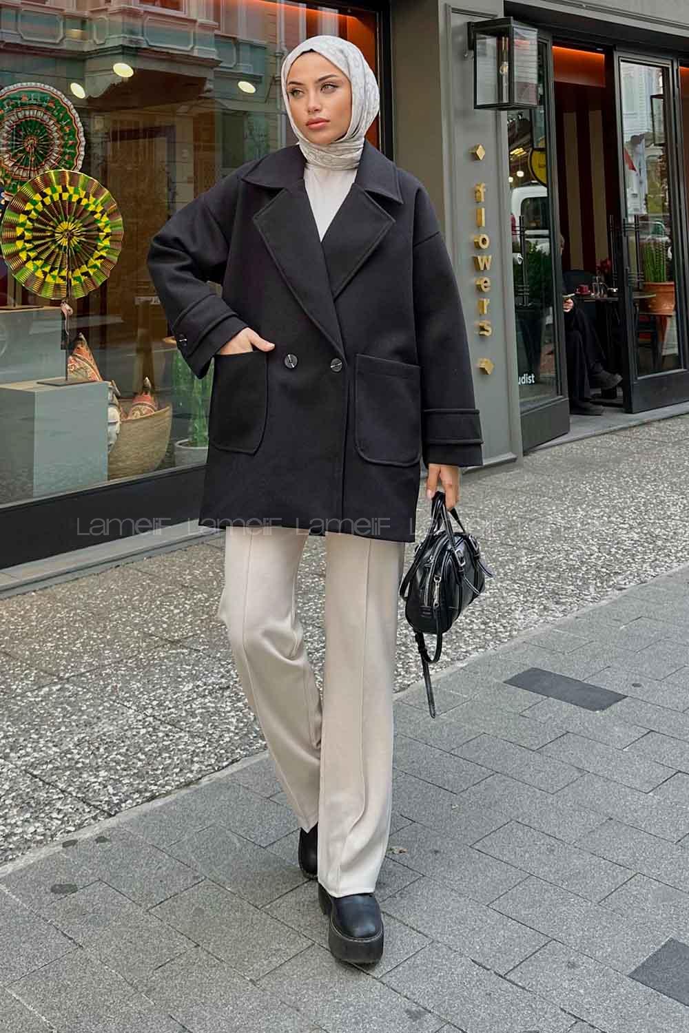 Black V Neck Long Arm Poplin Fabric Elastan Coat