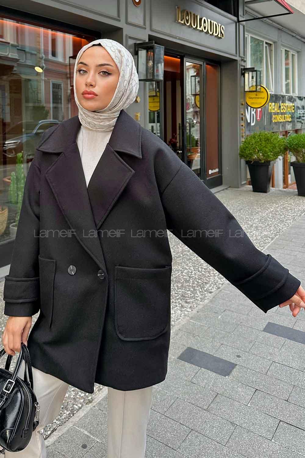 Black V Neck Long Arm Poplin Fabric Elastan Coat