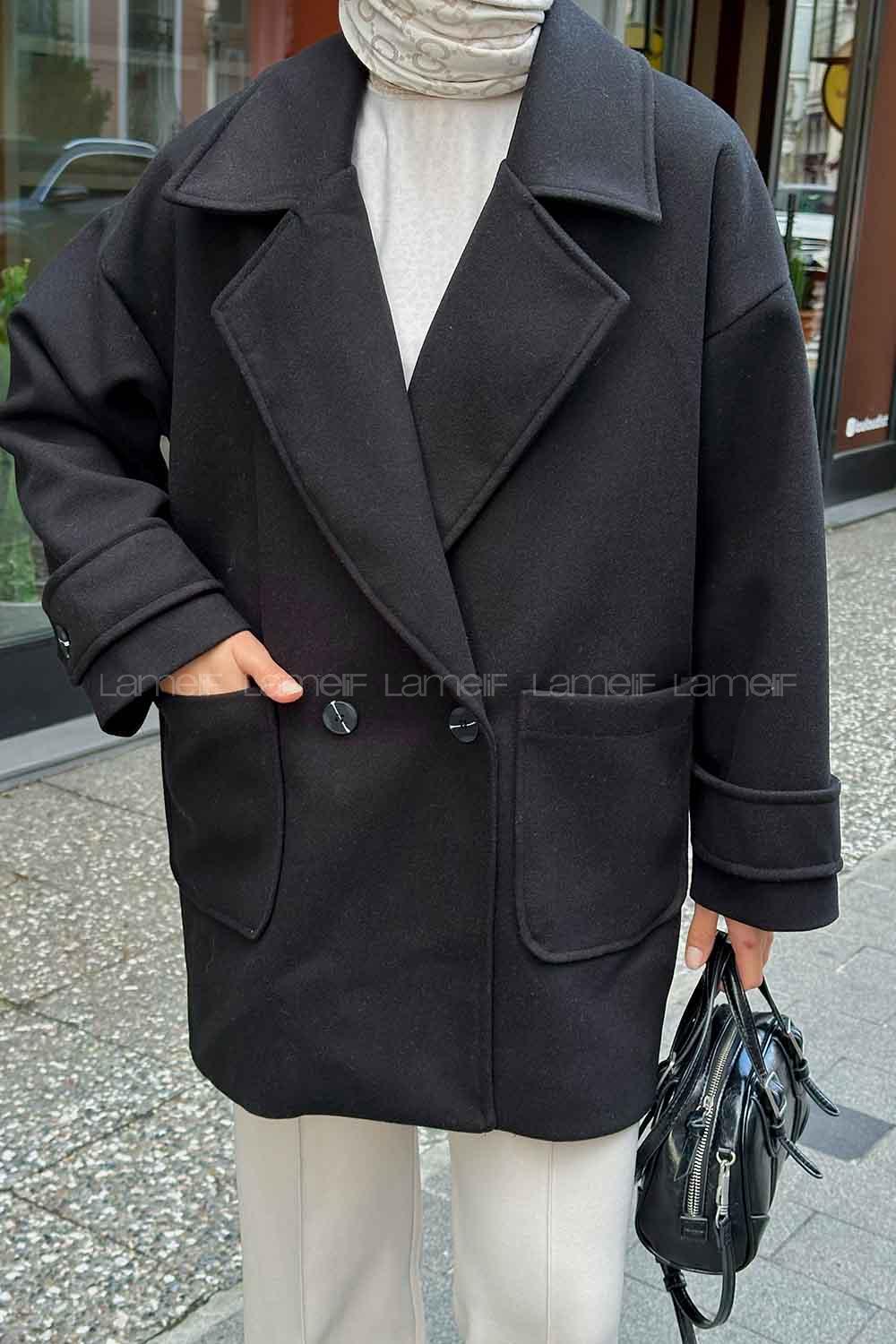 Black V Neck Long Arm Poplin Fabric Elastan Coat