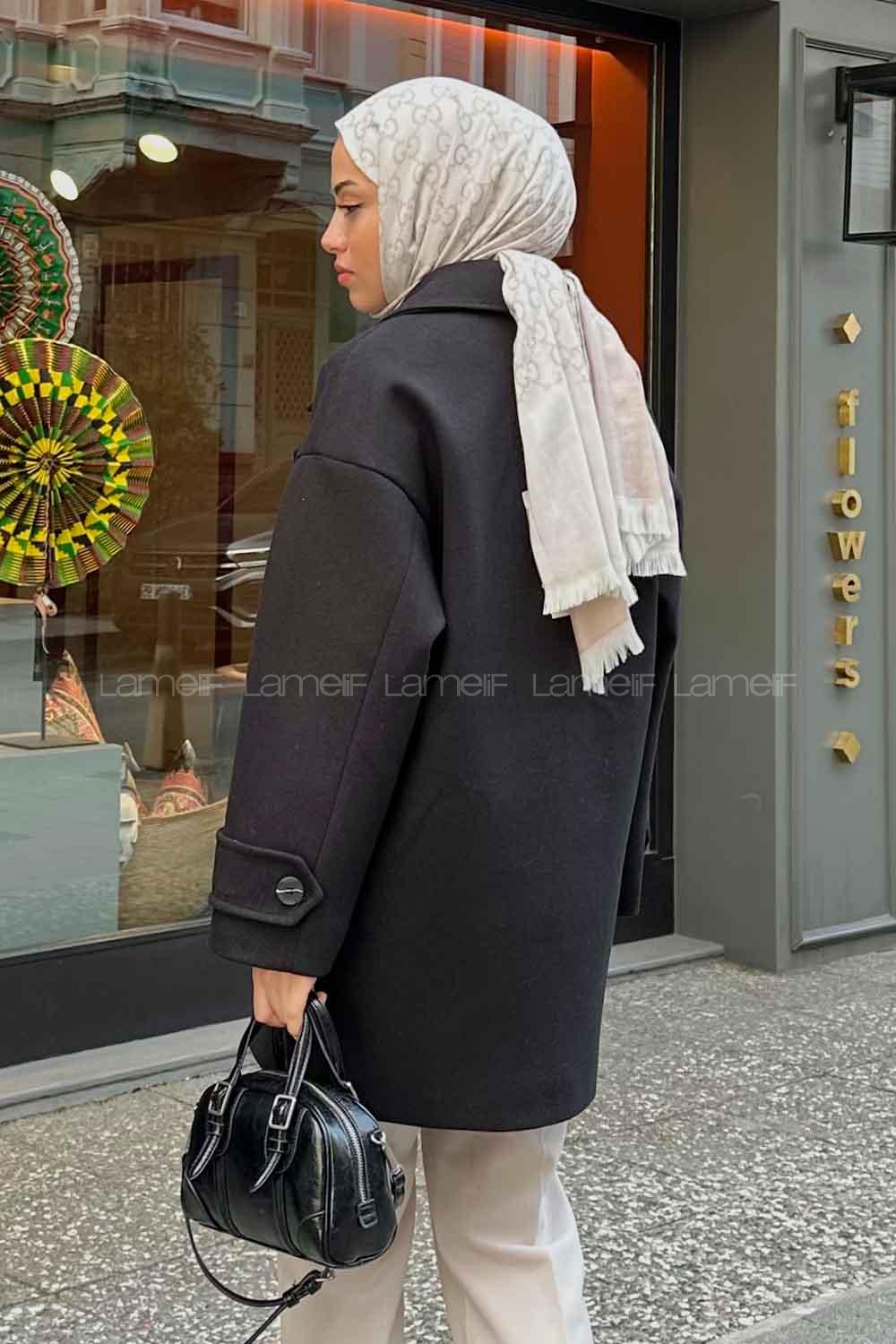 Black V Neck Long Arm Poplin Fabric Elastan Coat