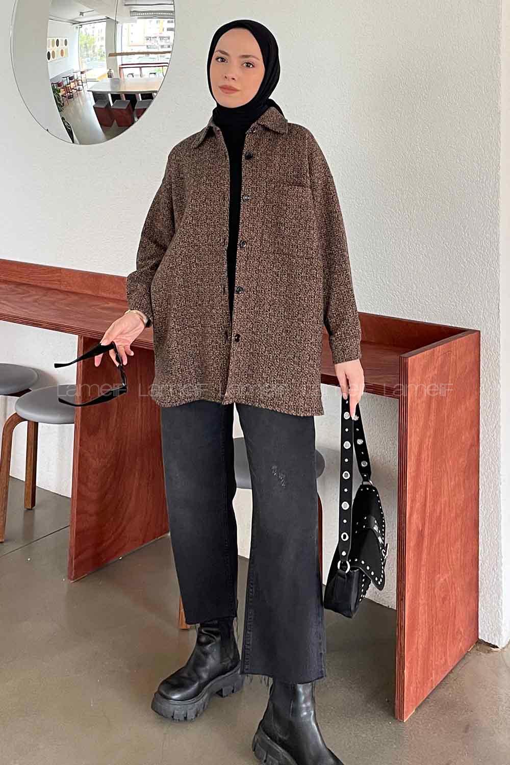 Brown With Milk Shirt Collar Long Arm Cotton Fabric Shirt