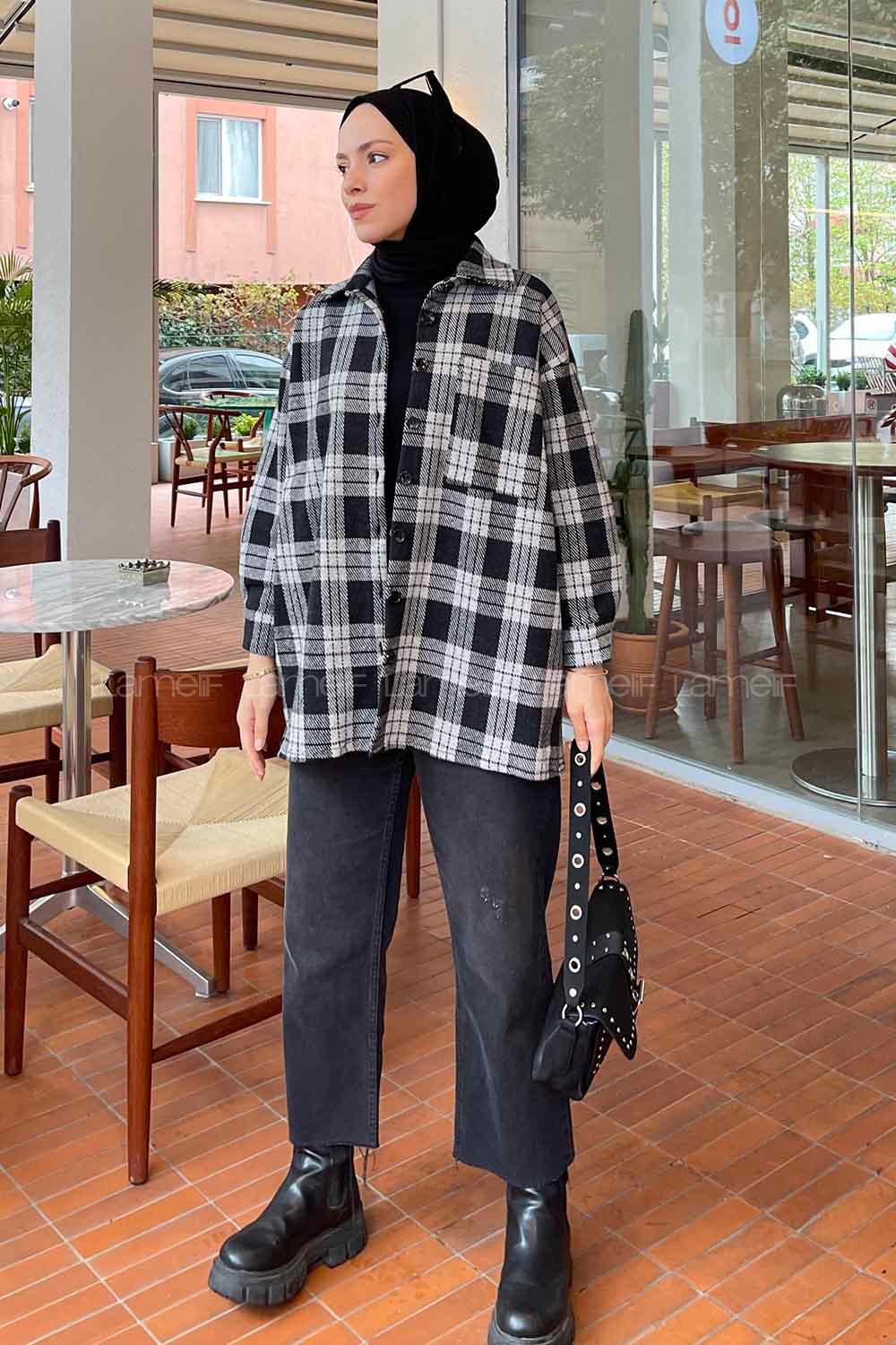 Lamelif Ekose Desen Gömlek Siyah- Beyaz