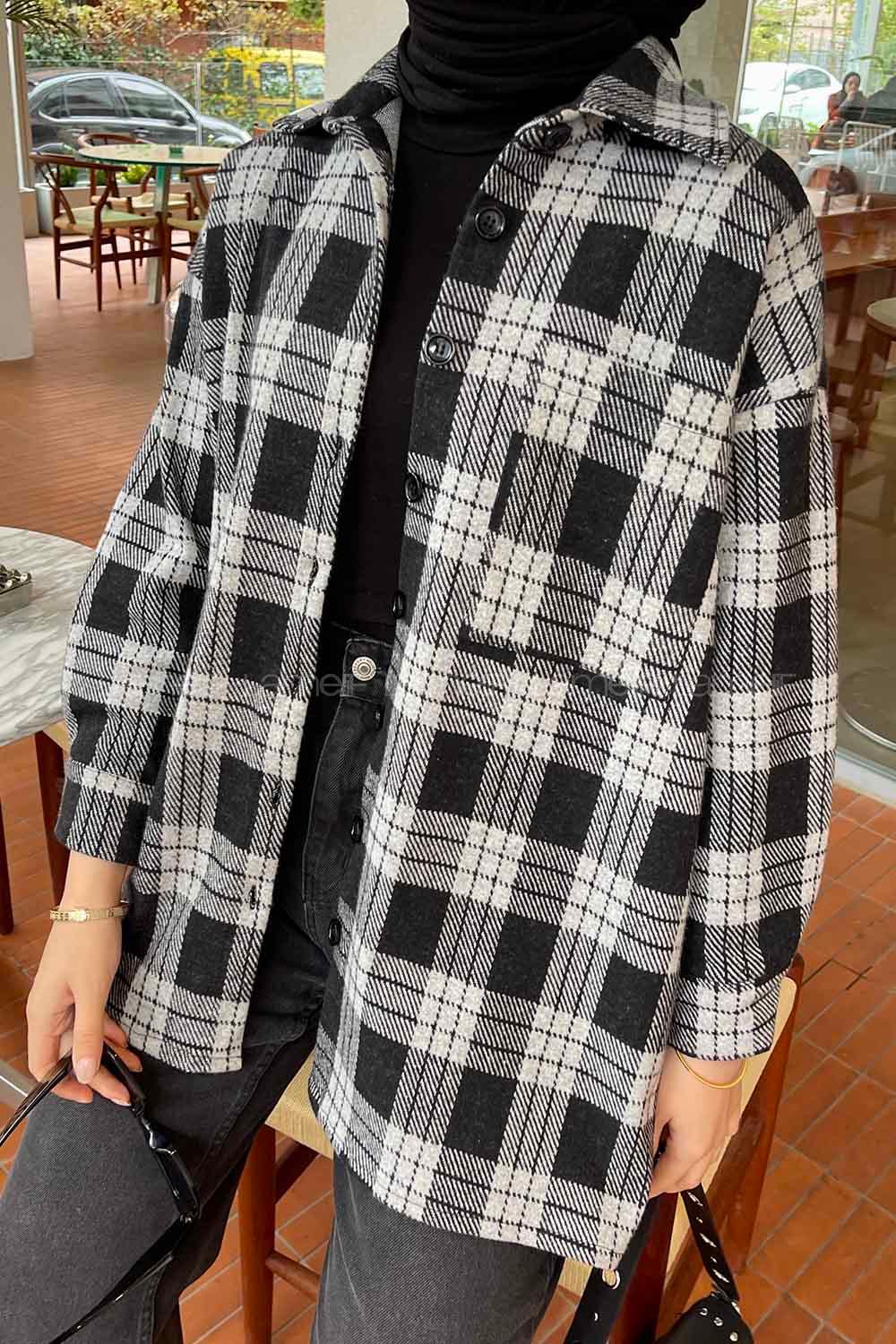 Lamelif Ekose Desen Gömlek Siyah- Beyaz