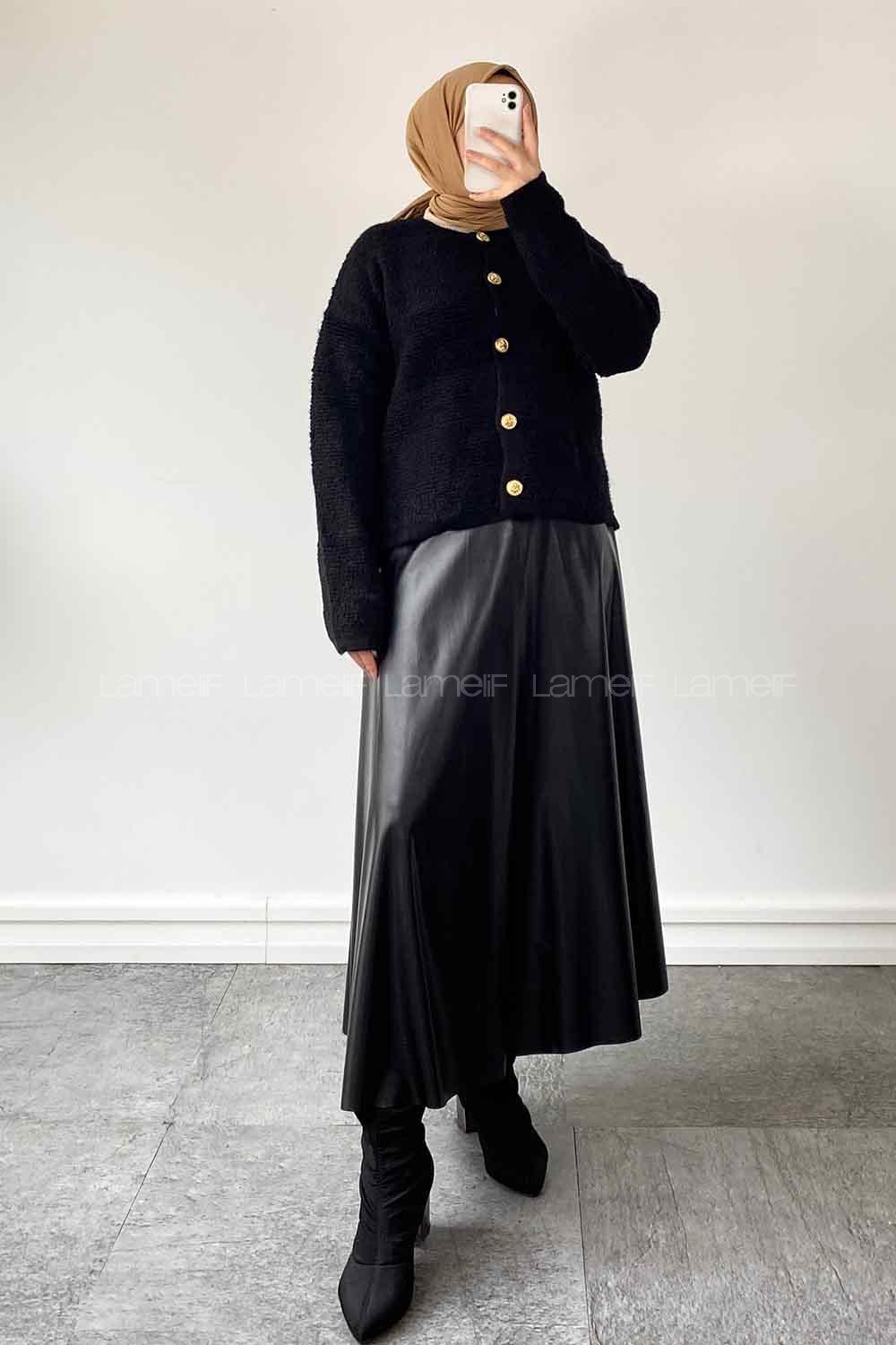 Black Medium Crew Neck Long Arm Wool Knitwear Cardigan