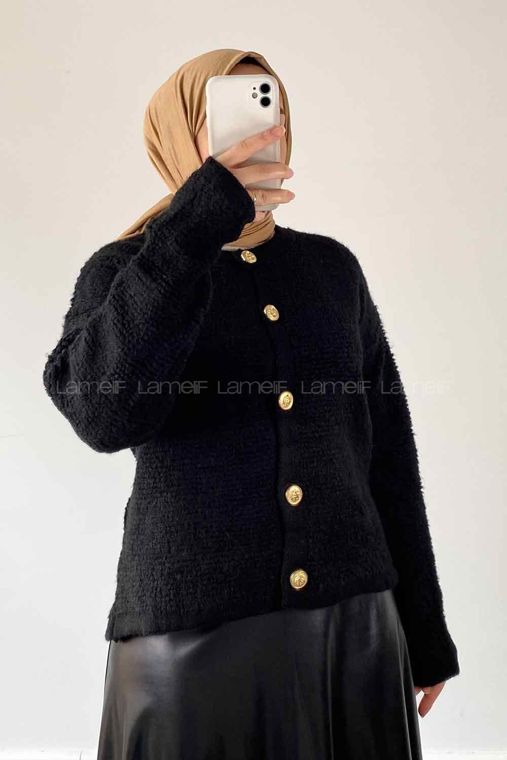 Black Medium Crew Neck Long Arm Wool Knitwear Cardigan