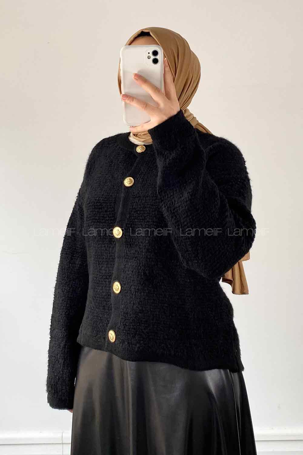 Black Medium Crew Neck Long Arm Wool Knitwear Cardigan