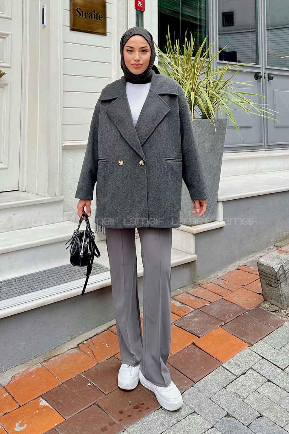 Lamelif Kruvaze Yaka Kısa Kaşe Kaban Antrasit