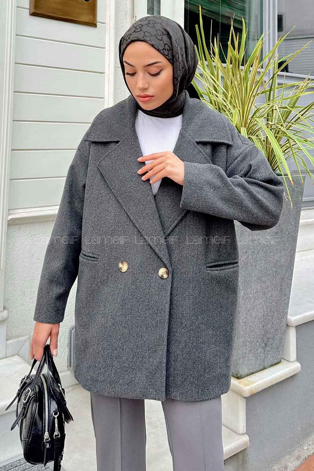 Lamelif Kruvaze Yaka Kısa Kaşe Kaban Antrasit