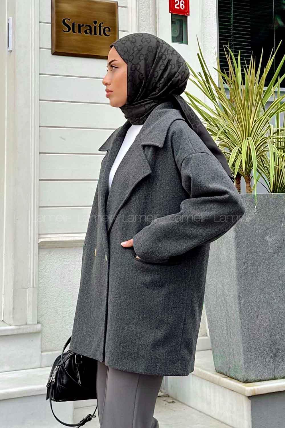 Lamelif Kruvaze Yaka Kısa Kaşe Kaban Antrasit