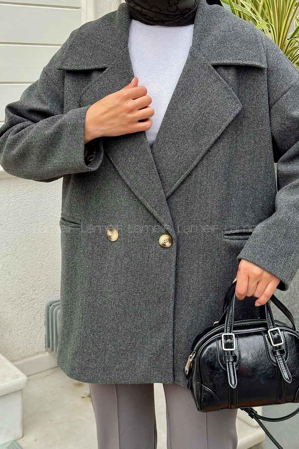 Lamelif Kruvaze Yaka Kısa Kaşe Kaban Antrasit