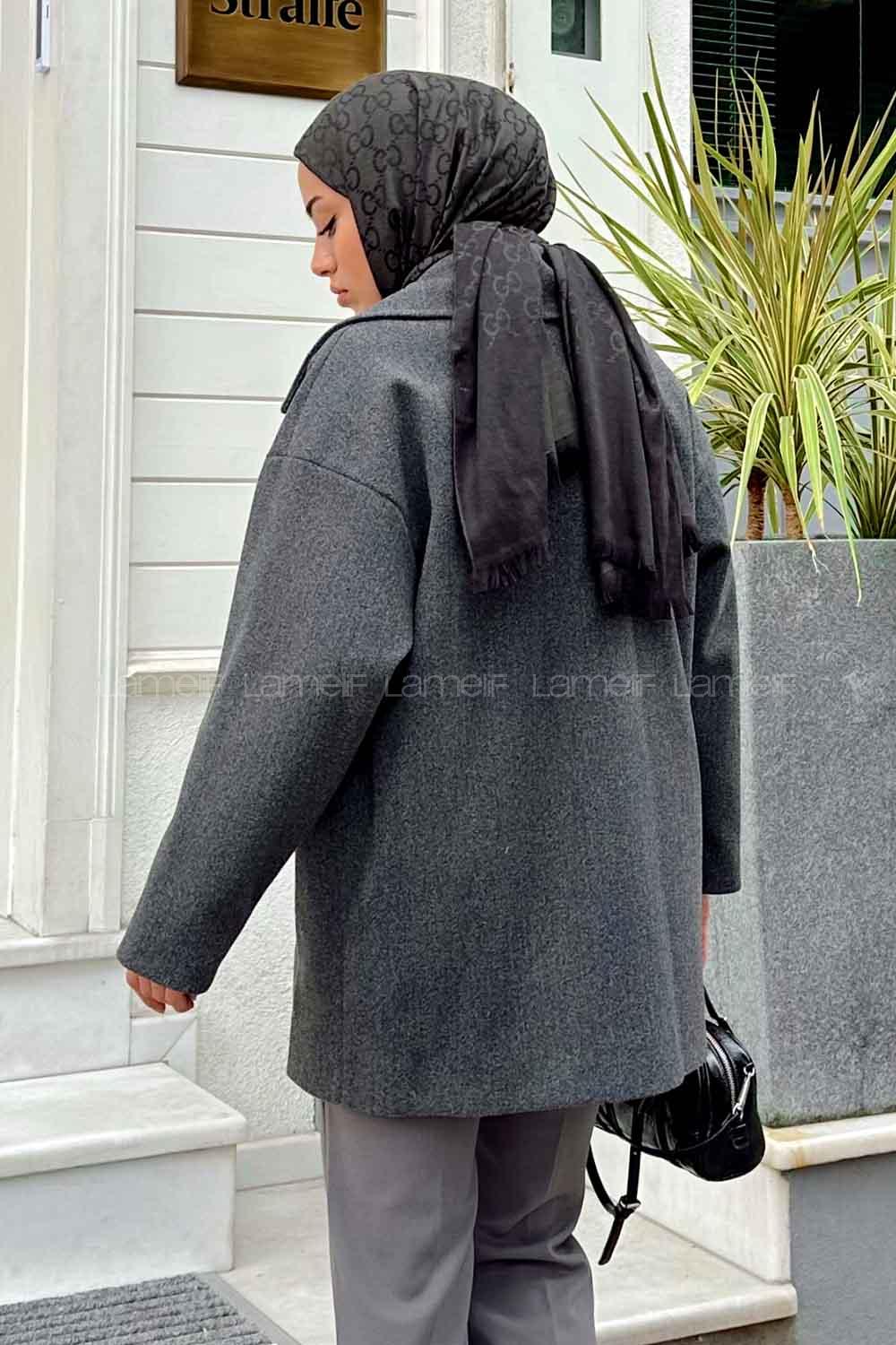 Lamelif Kruvaze Yaka Kısa Kaşe Kaban Antrasit