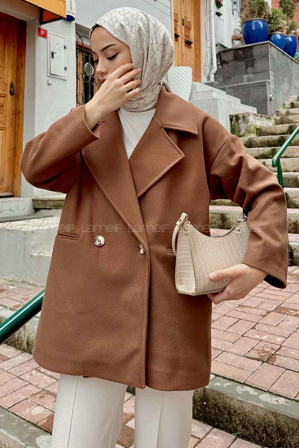 Lamelif Kruvaze Yaka Kısa Kaşe Kaban Kahverengi