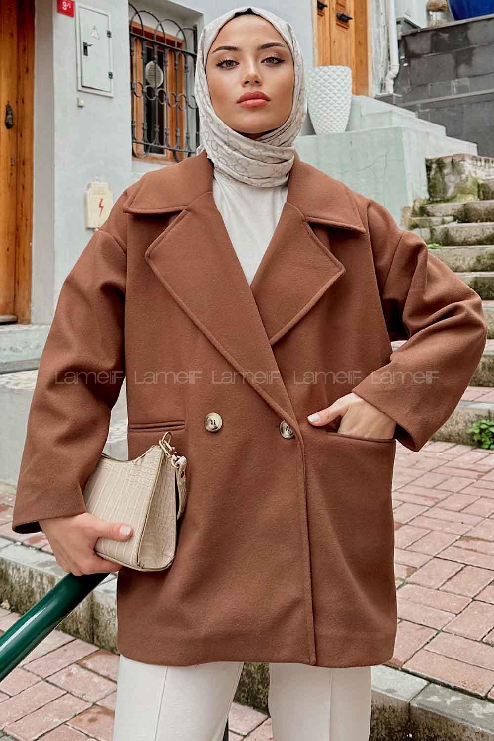 Lamelif Kruvaze Yaka Kısa Kaşe Kaban Kahverengi