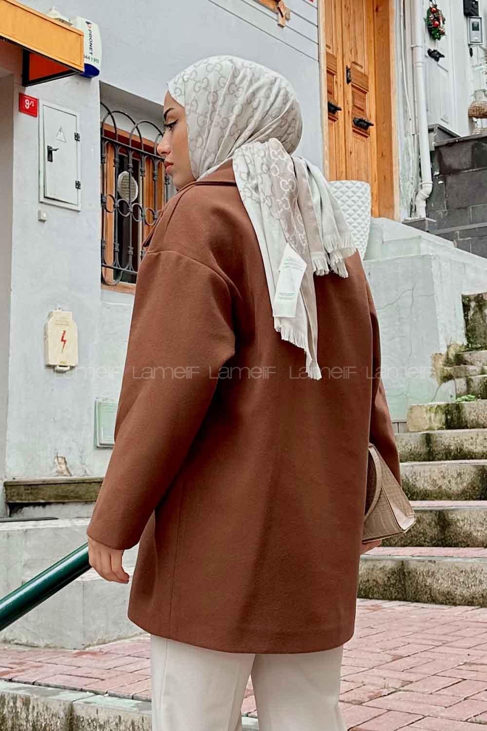 Lamelif Kruvaze Yaka Kısa Kaşe Kaban Kahverengi