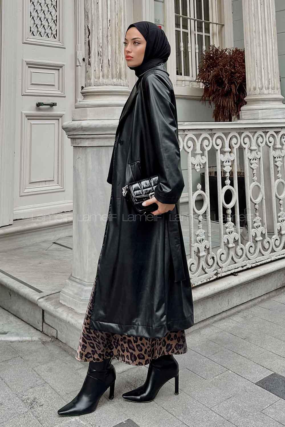 Lamelif Kuşak Detaylı Uzun Deri Trençkot Siyah