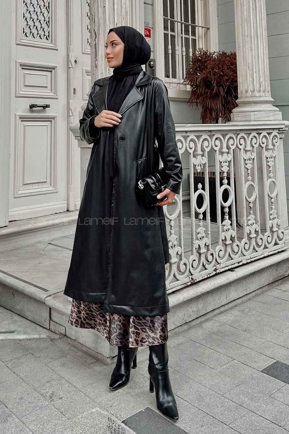 Lamelif Kuşak Detaylı Uzun Deri Trençkot Siyah