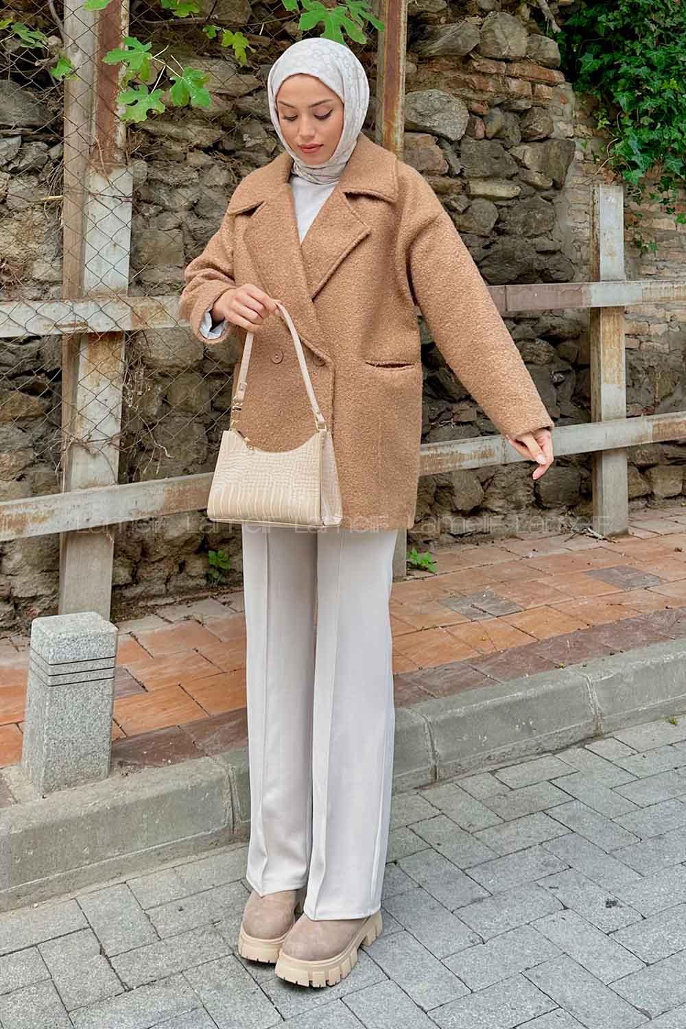 Brown V Neck Long Arm Poplin Fabric Elastan Coat
