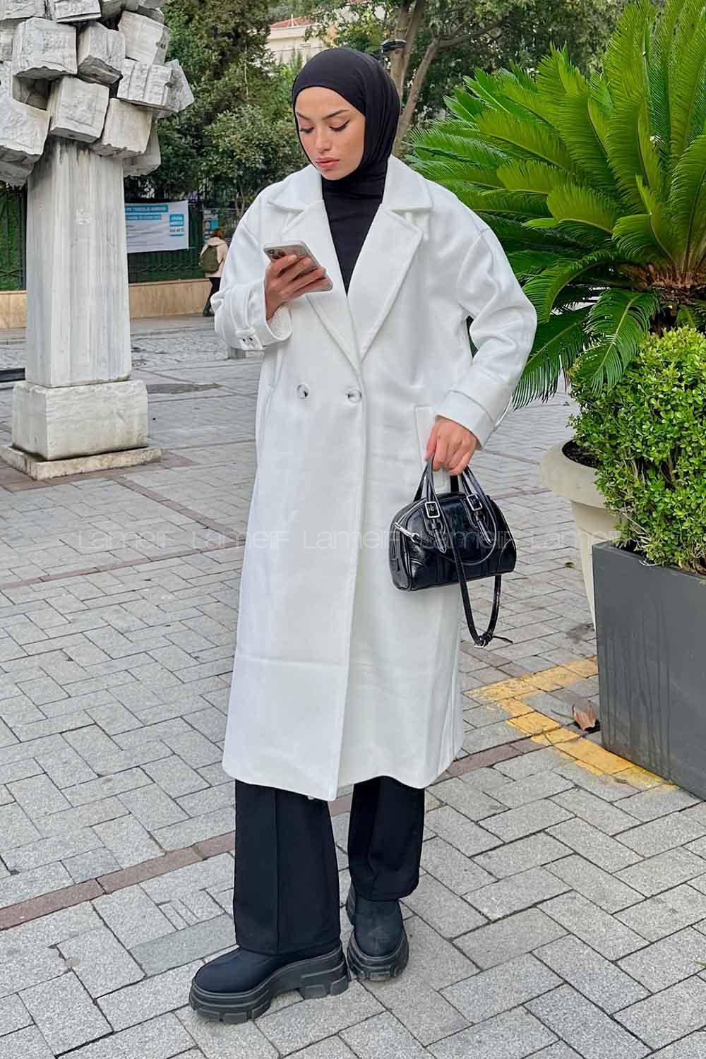 Lamelif Oversize Kruvaze Uzun Kaşe Kaban  Beyaz