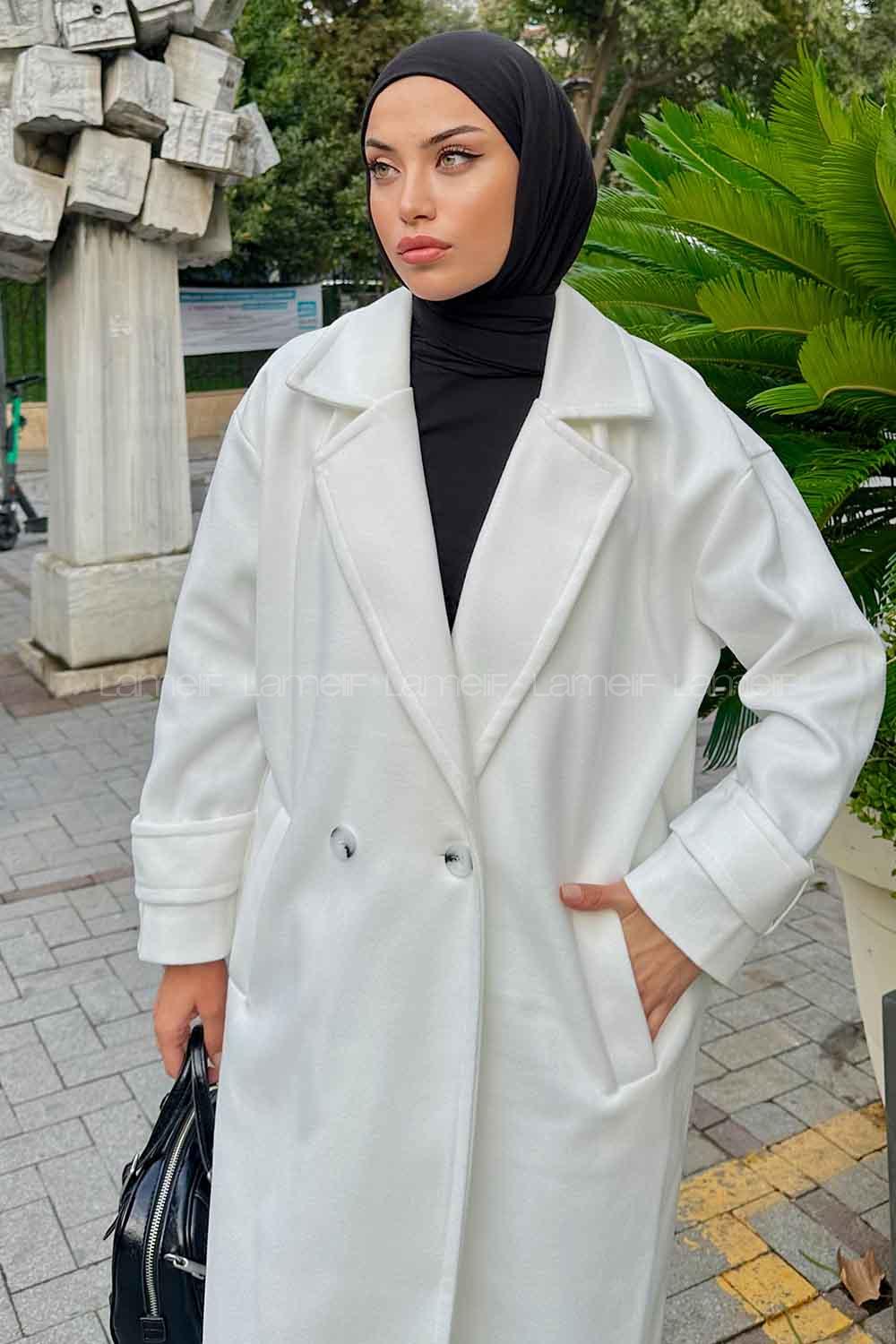 Lamelif Oversize Kruvaze Uzun Kaşe Kaban  Beyaz