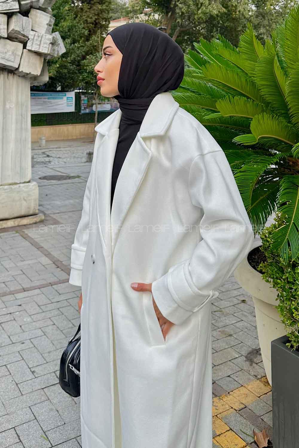 Lamelif Oversize Kruvaze Uzun Kaşe Kaban  Beyaz