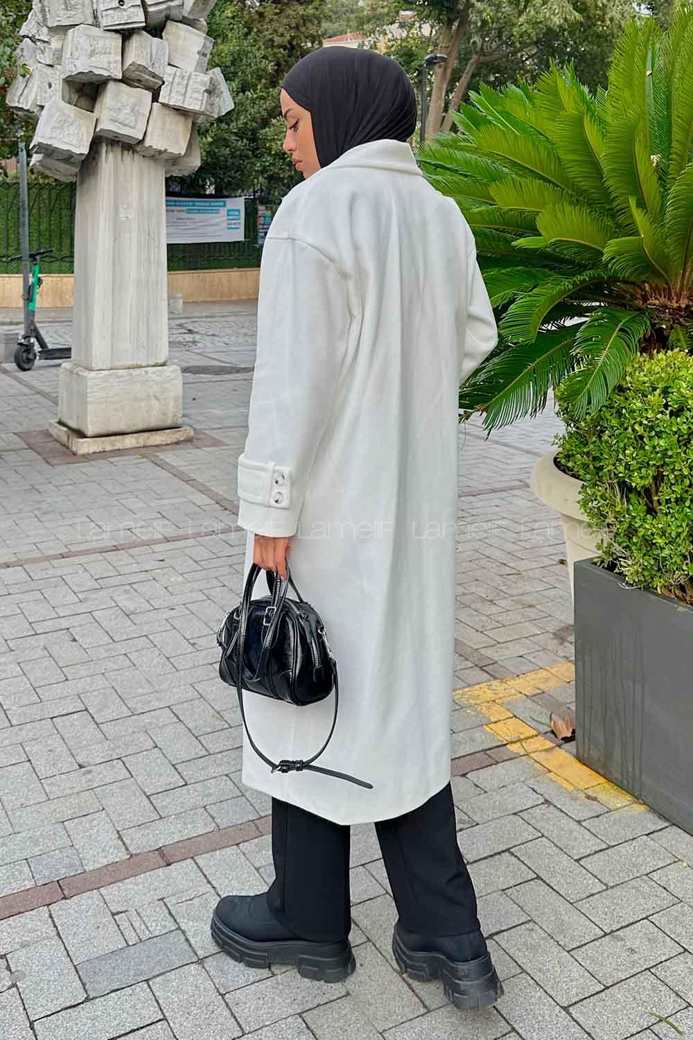 Lamelif Oversize Kruvaze Uzun Kaşe Kaban  Beyaz