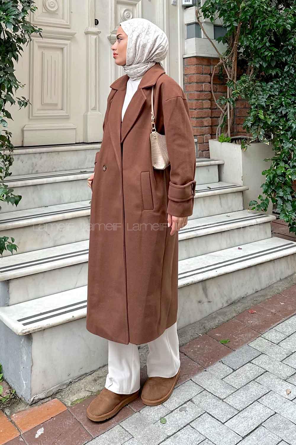 Lamelif Oversize Kruvaze Uzun Kaşe Kaban  Kahverengi