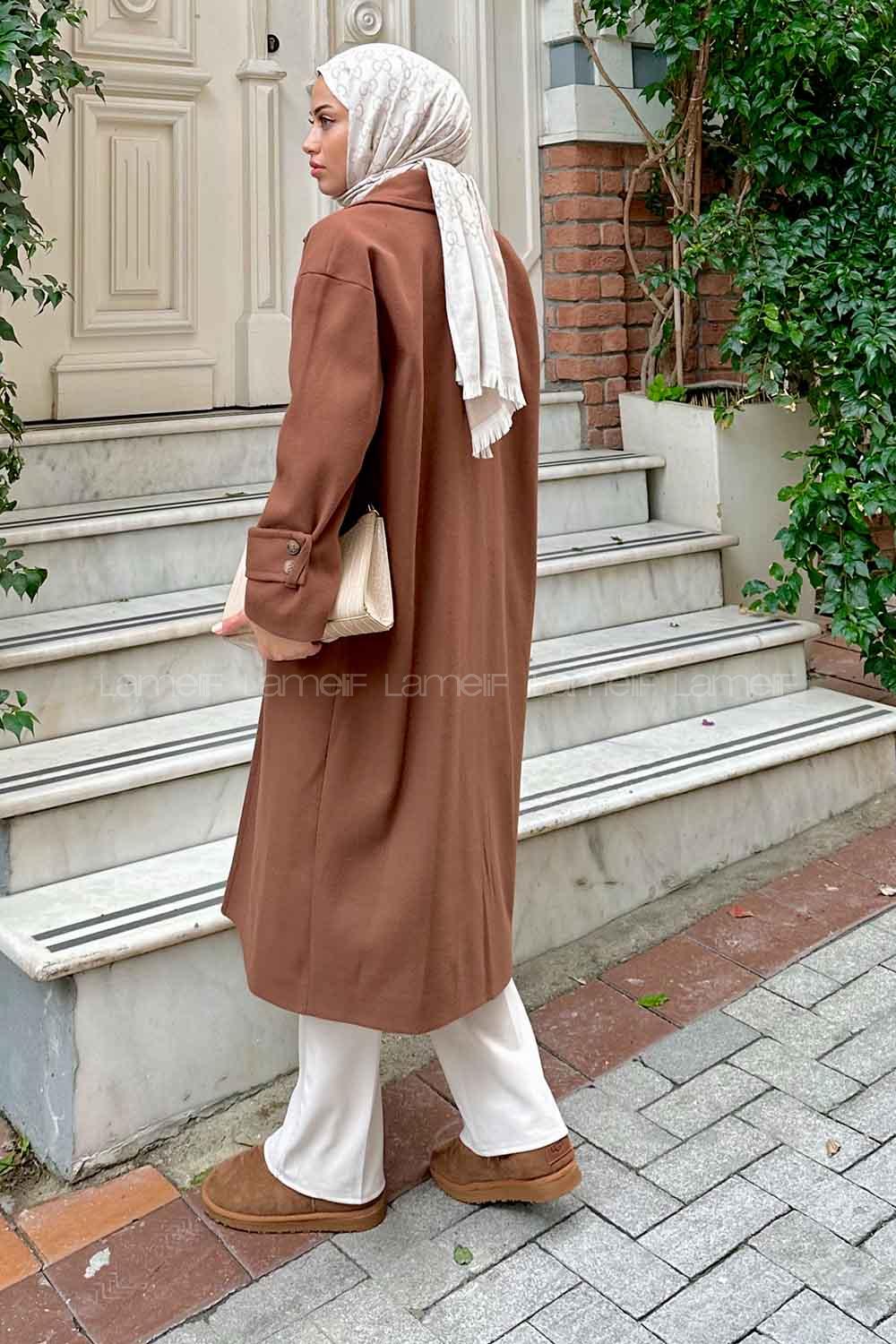 Lamelif Oversize Kruvaze Uzun Kaşe Kaban  Kahverengi