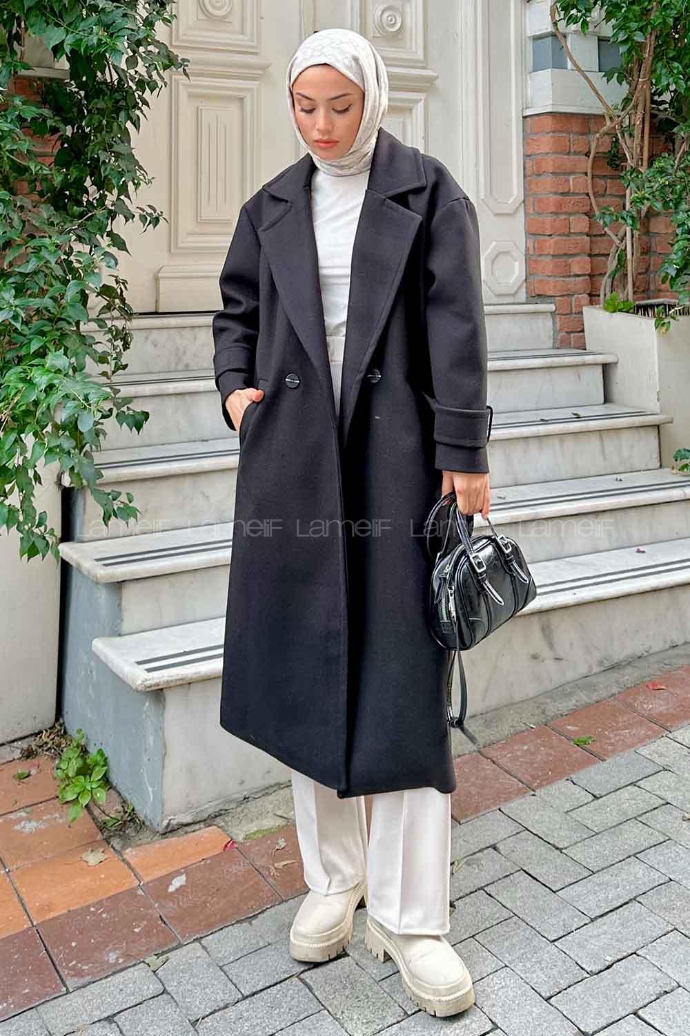 Lamelif Oversize Kruvaze Uzun Kaşe Kaban  Siyah