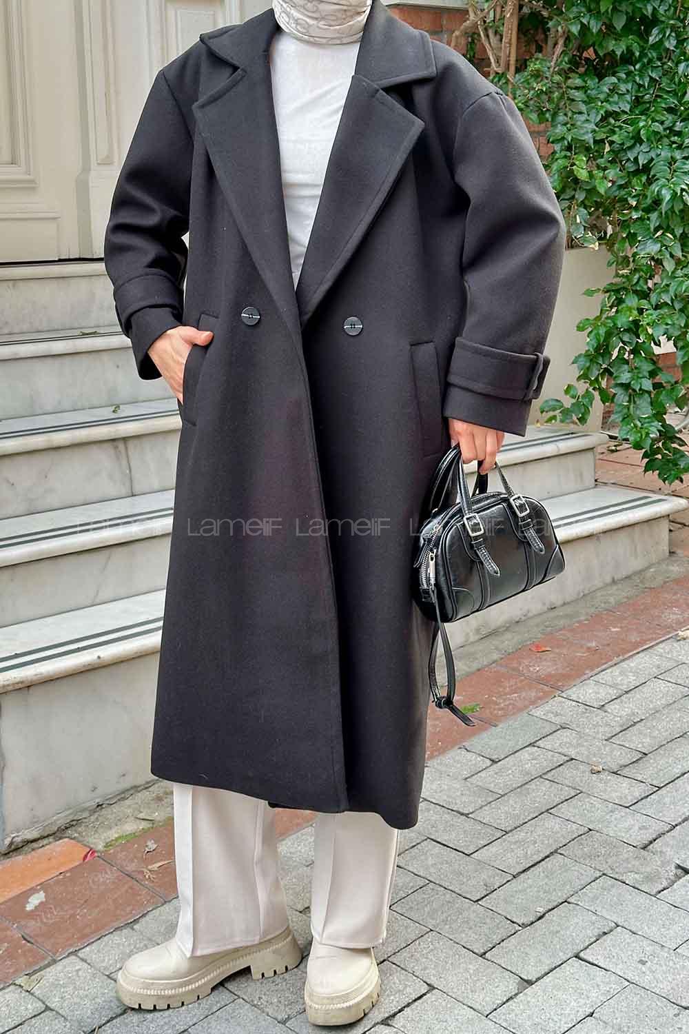 Lamelif Oversize Kruvaze Uzun Kaşe Kaban  Siyah