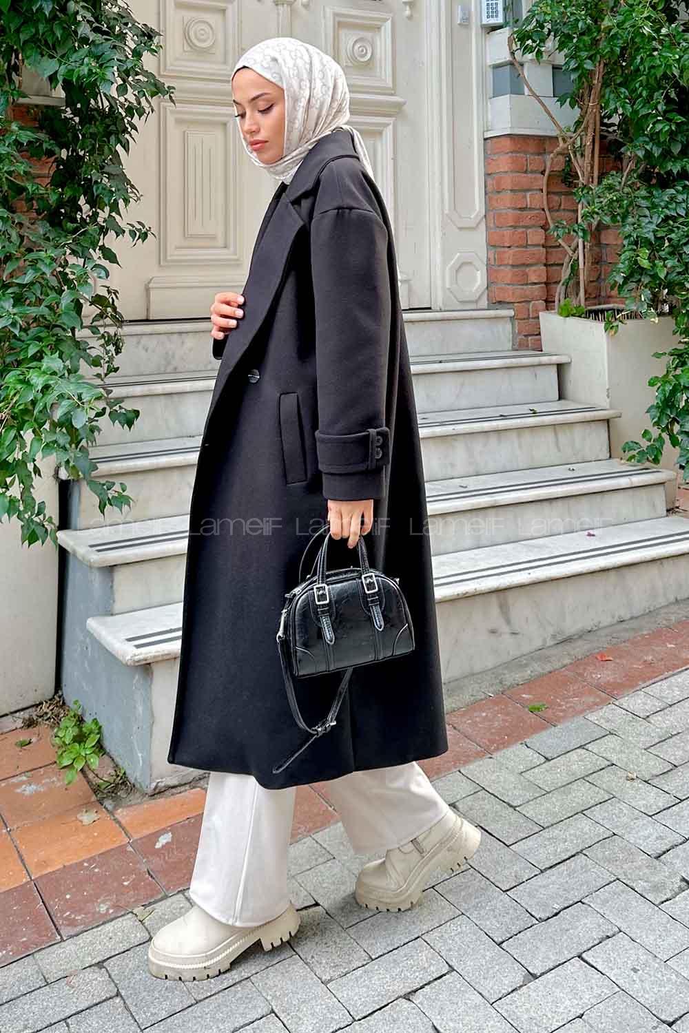 Lamelif Oversize Kruvaze Uzun Kaşe Kaban  Siyah