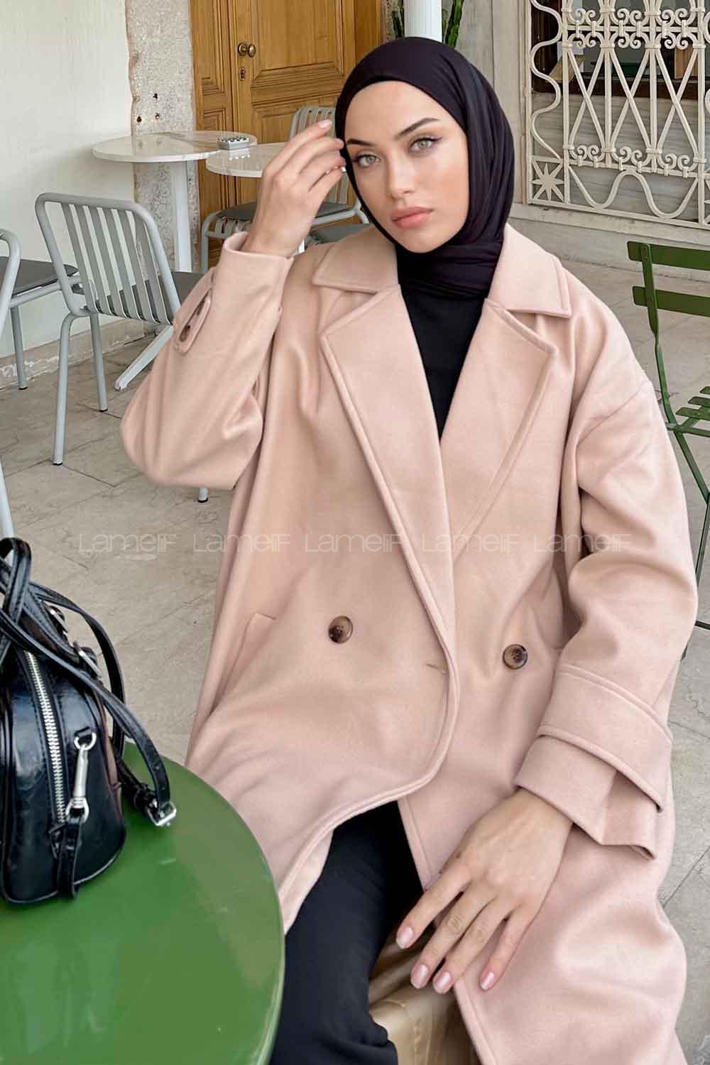 Brown With Milk V Neck Long Arm Poplin Fabric Elastan Coat