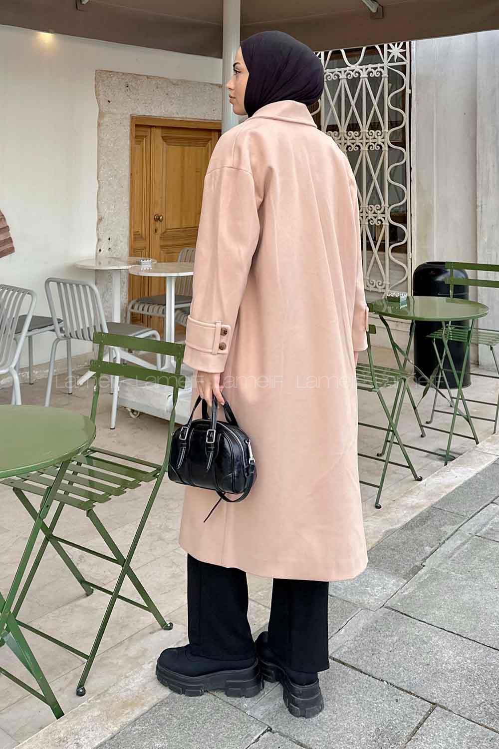 Brown With Milk V Neck Long Arm Poplin Fabric Elastan Coat