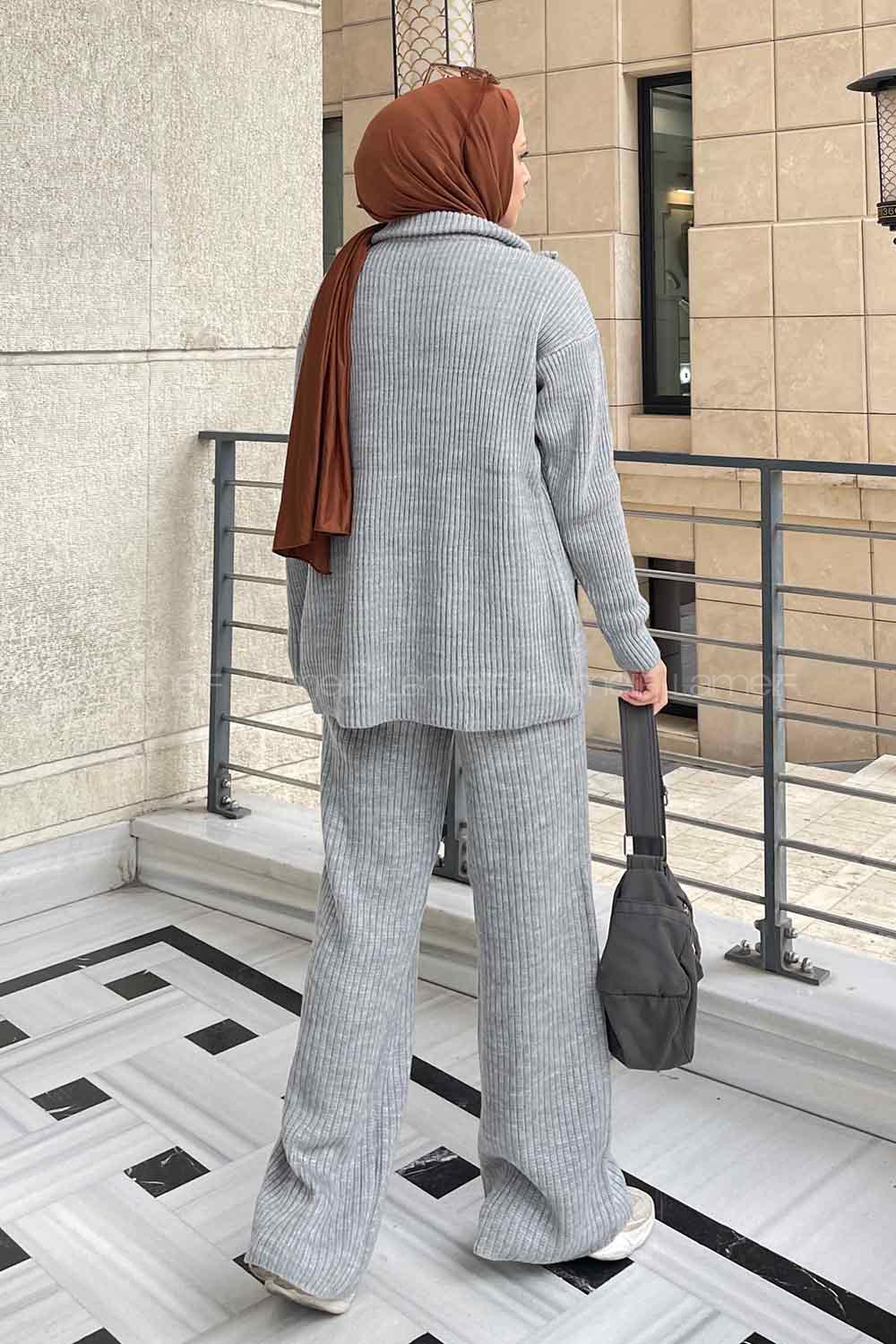 Gray Choker Neck Long Arm Without Accessories Knitwear Regular Trousers Comfortable Suit