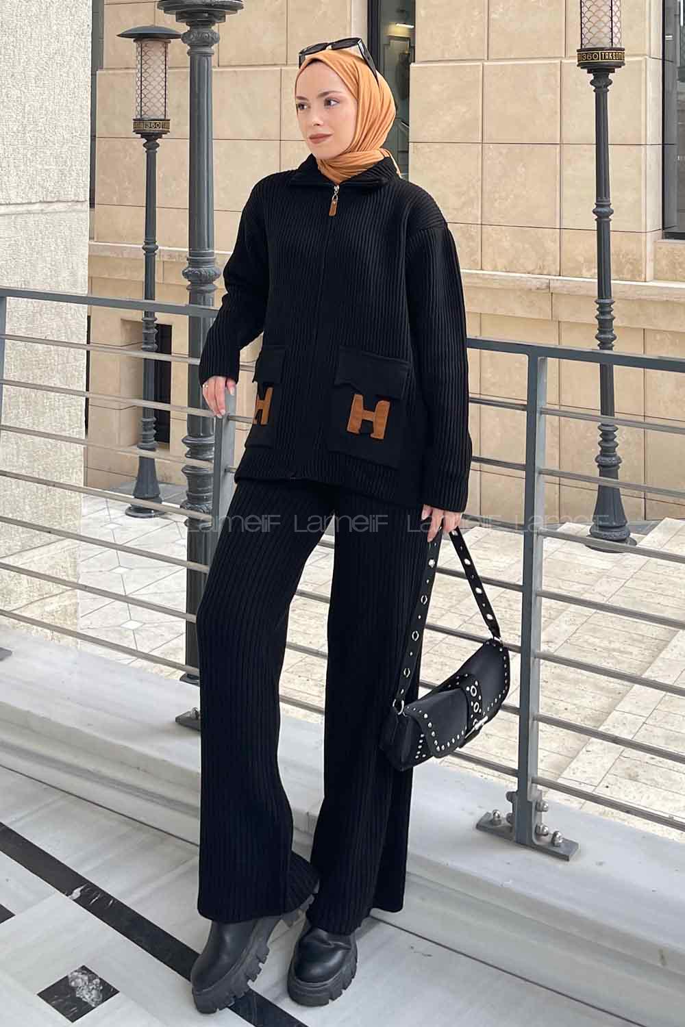 Black Choker Neck Long Arm Without Accessories Knitwear Regular Trousers Comfortable Suit