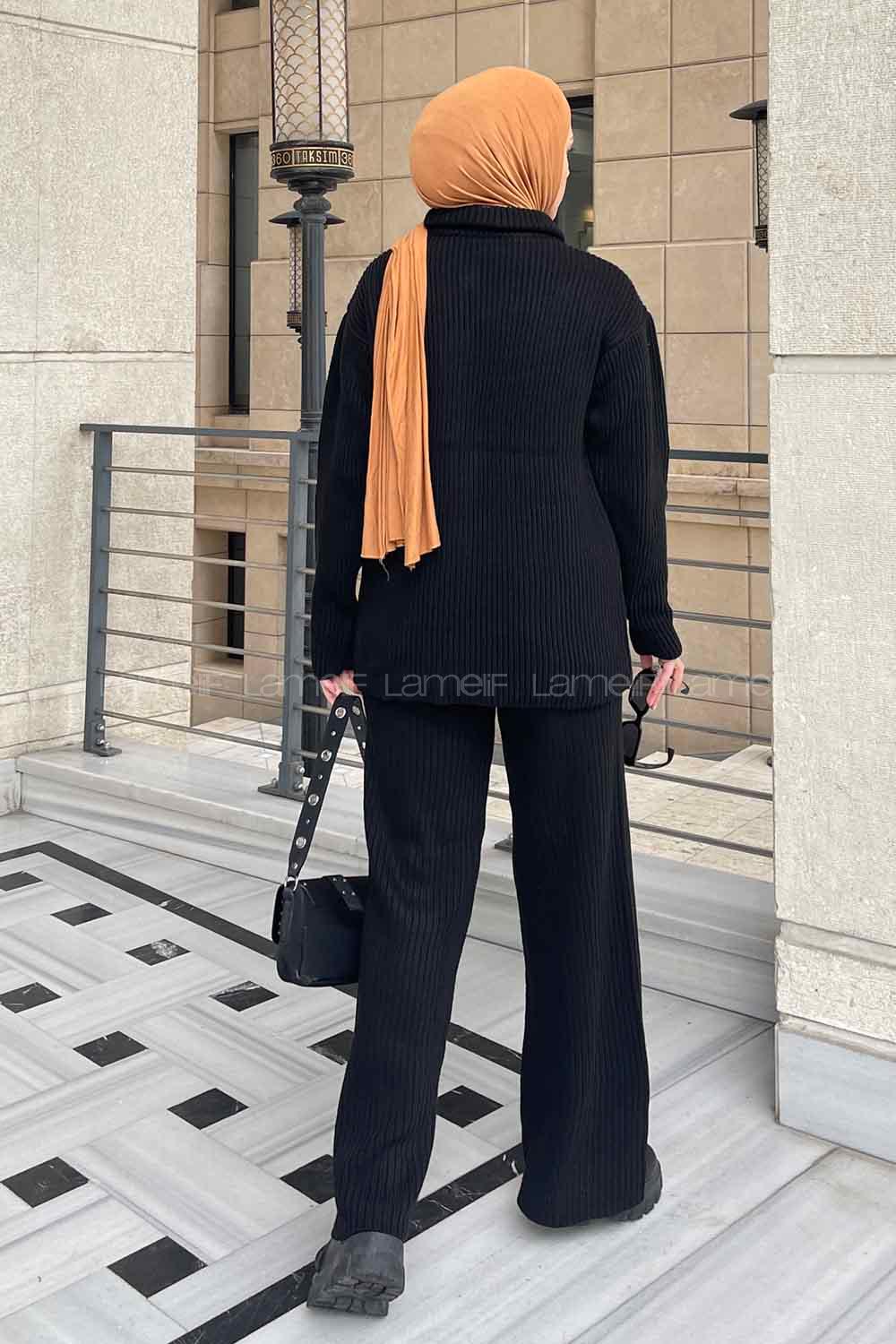 Black Choker Neck Long Arm Without Accessories Knitwear Regular Trousers Comfortable Suit